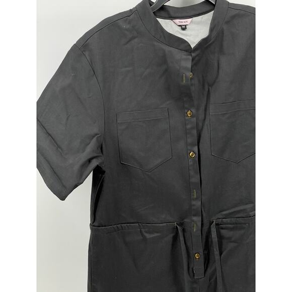 THE KIT. Women's Black Denim Short Sleeve Half-Button Wide-Leg Jumpsuit SZ M - Picture 3 of 9